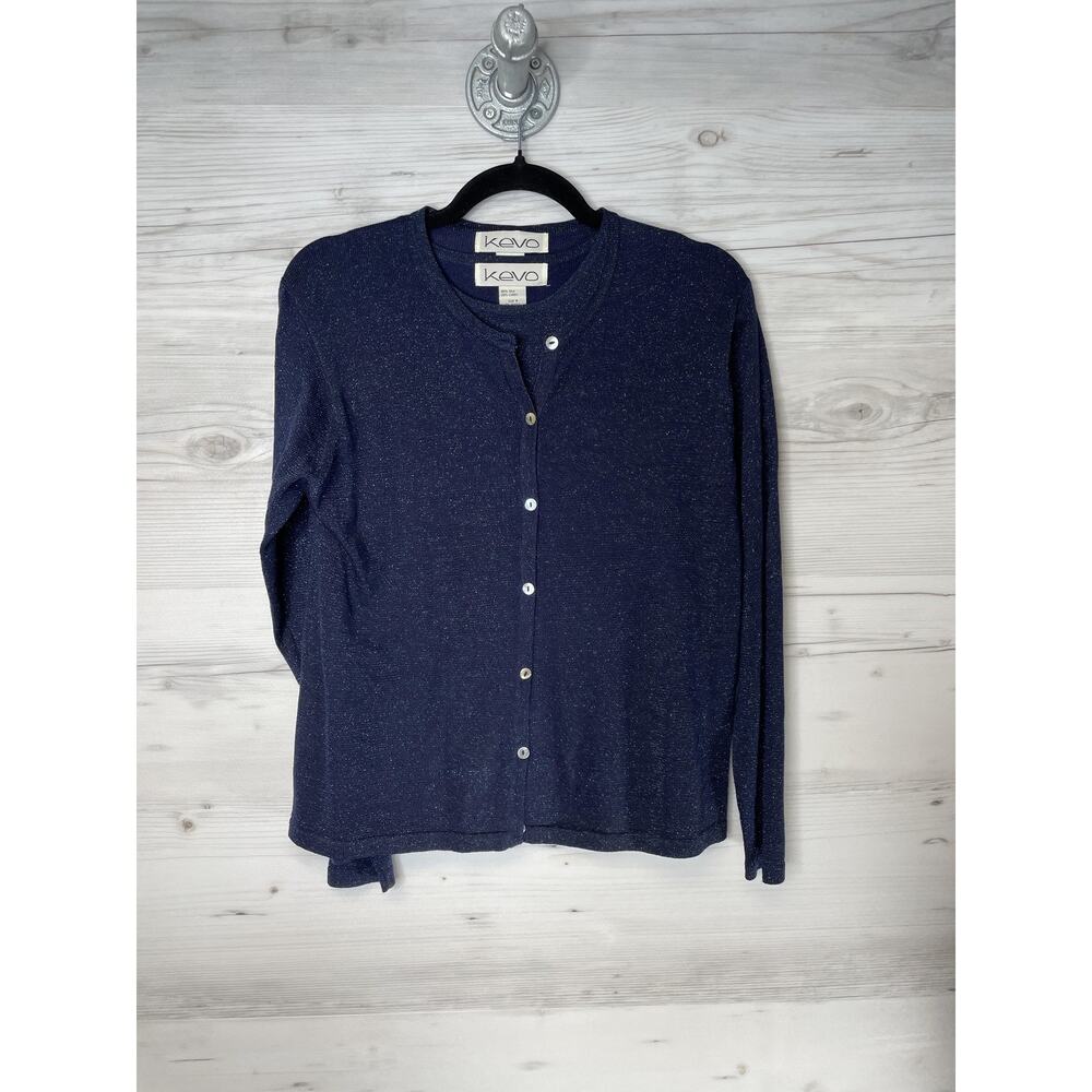Kevo‎ Sweater Womens Medium Blue Silk Lurex Button Cardigan Sparkle Lightweight
